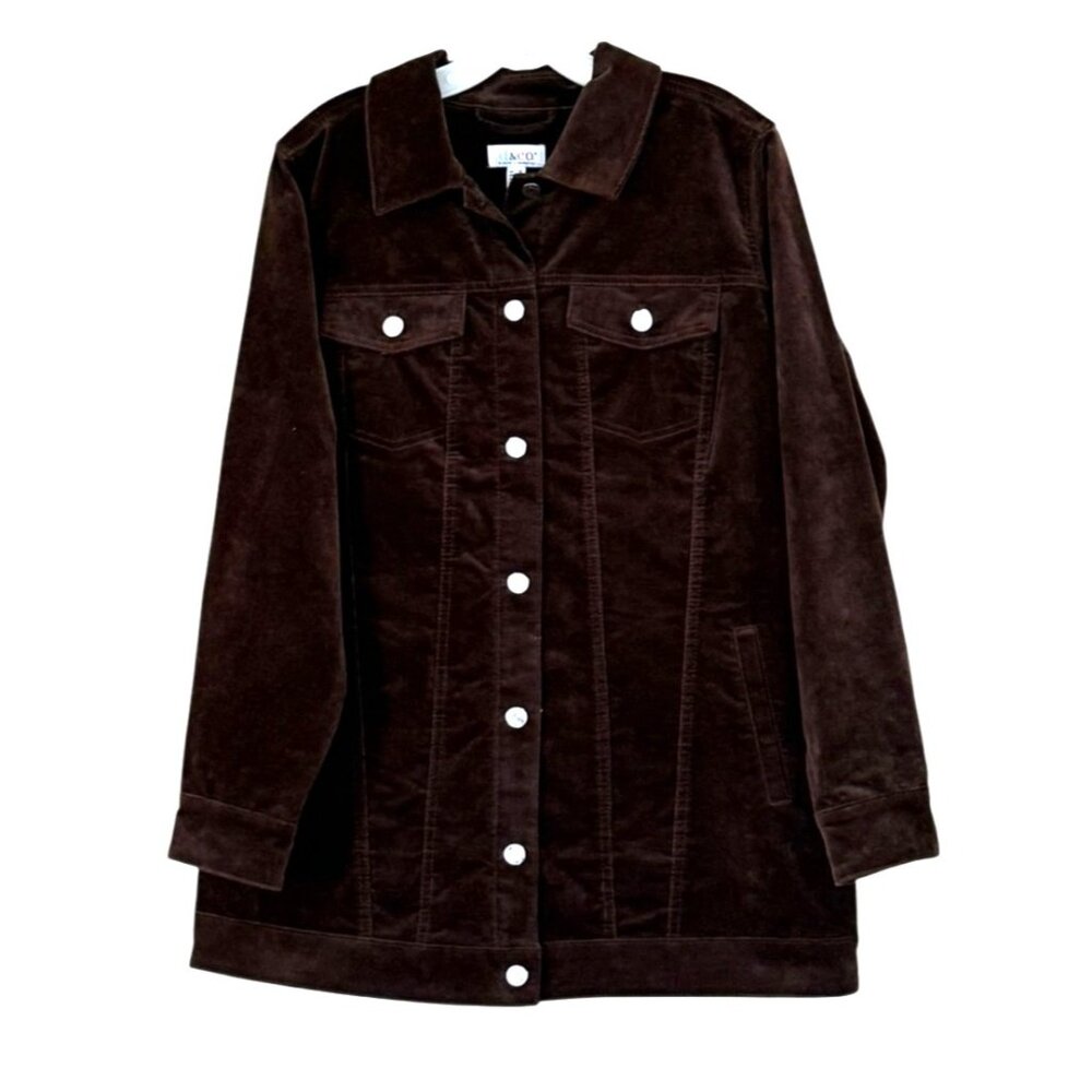 Denim & Co. Women's Stretch Velveteen Button Front Long Jacket Dark Chocolate S - Picture 2 of 9